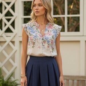 Haver + Blair London Floral Ruffle Cap Sleeve Blouse Cottagecore Garden Fairy S